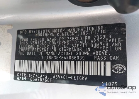 2010 Toyota Camry Xle z USA, uszkodzony, nr VIN 4T4BF3EK6AR086039